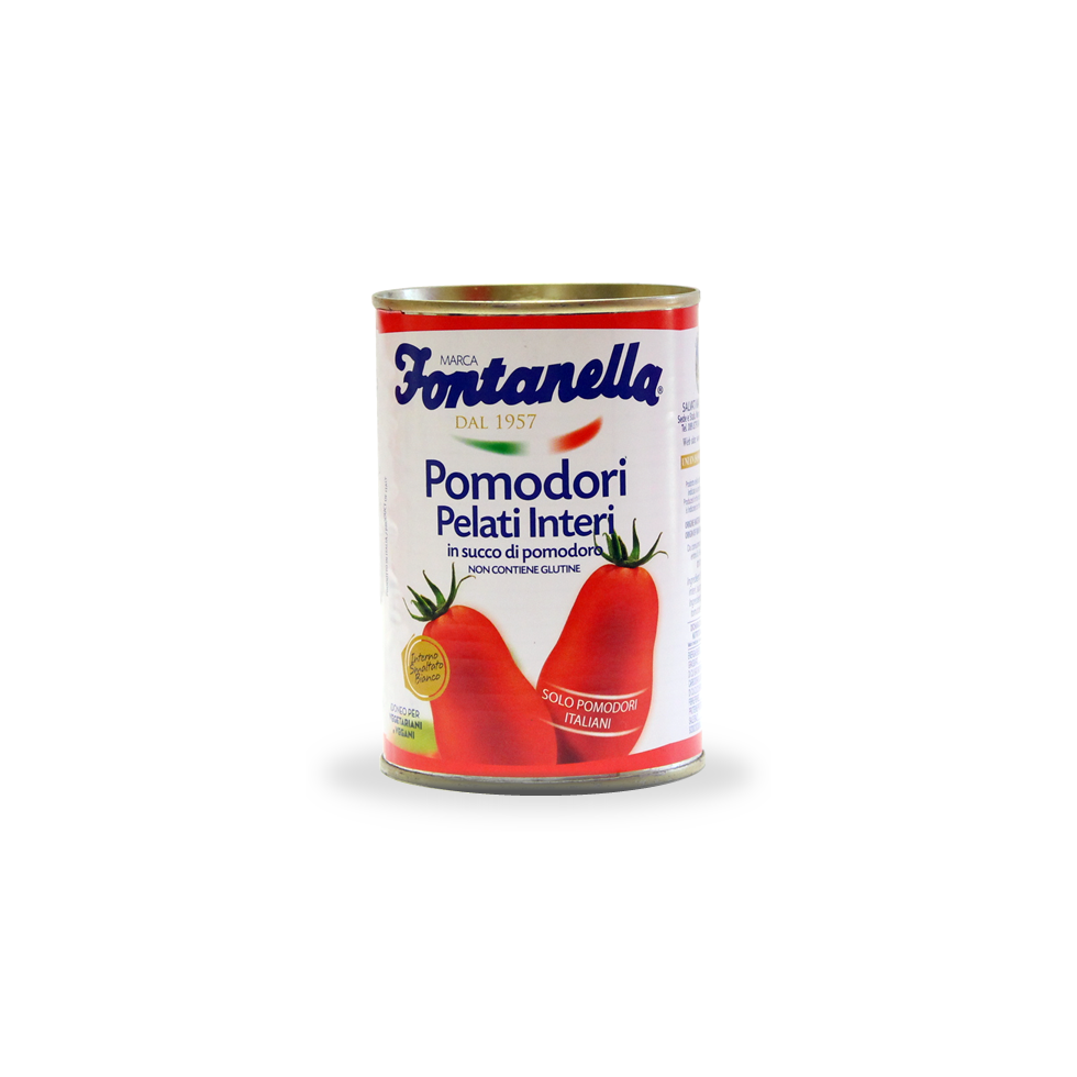 Pomodori Pelati Interi 400g da 12 pezzi - Fontanella 1957 - Pomodori Pelati,  Legumi, Ortaggi e Frutta - Consorzio del Pomodoro San Marzano dell'Agro  Sarnese Nocerino - Mercato San Severino (SA), Campania, Italia